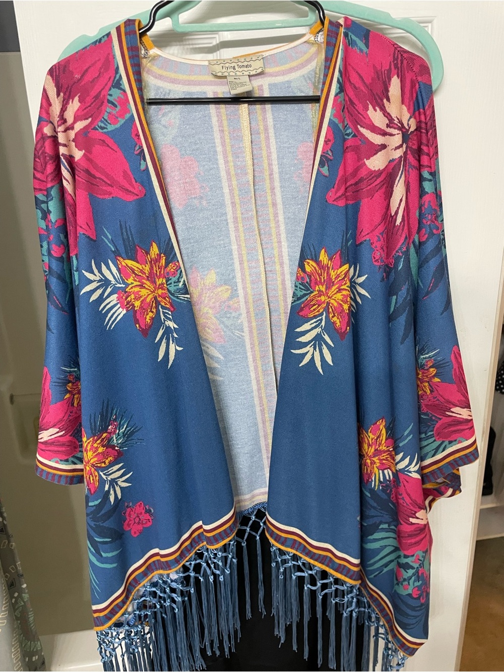 Flying Tomato Blue Floral Fringe Cover-Up with Pink & Yellow Blooms